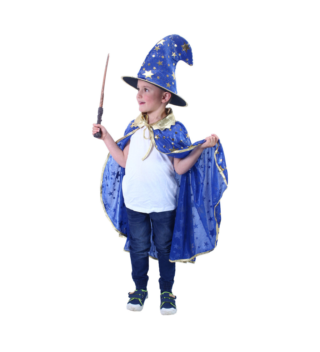 Dětský plášť a klobouk v modré barvě - čaroděj