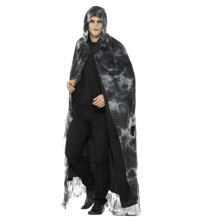 Černo-šedý plášť s kapucou