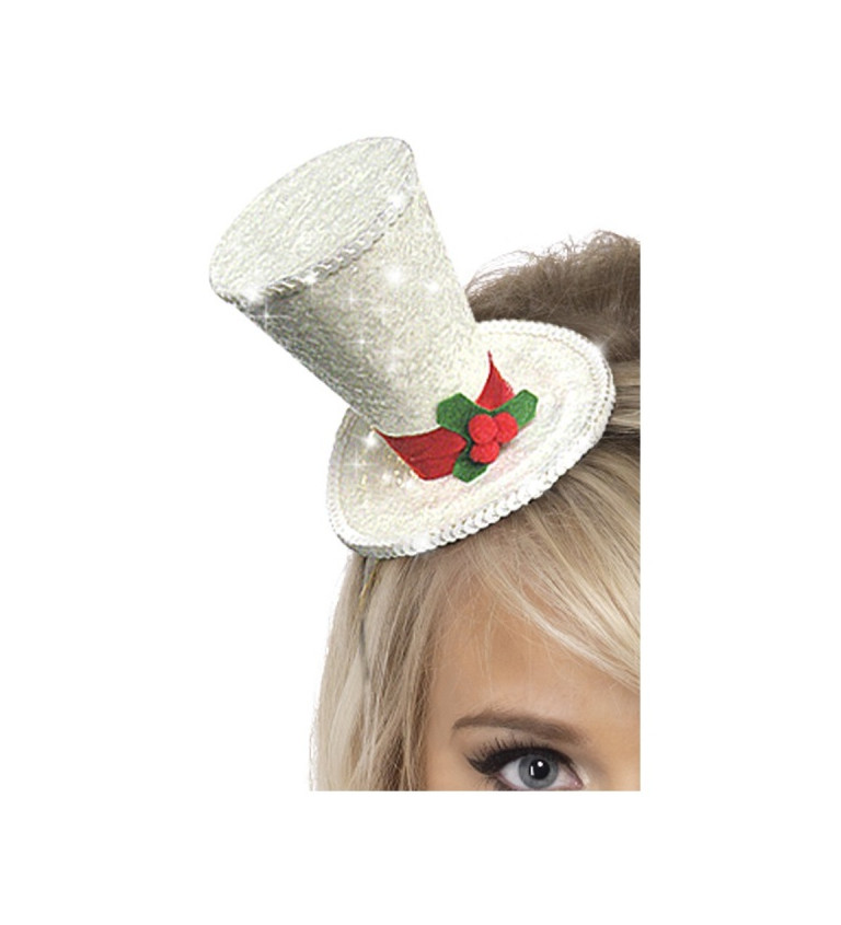 Vánoční mini klobouček s flitry - bílý