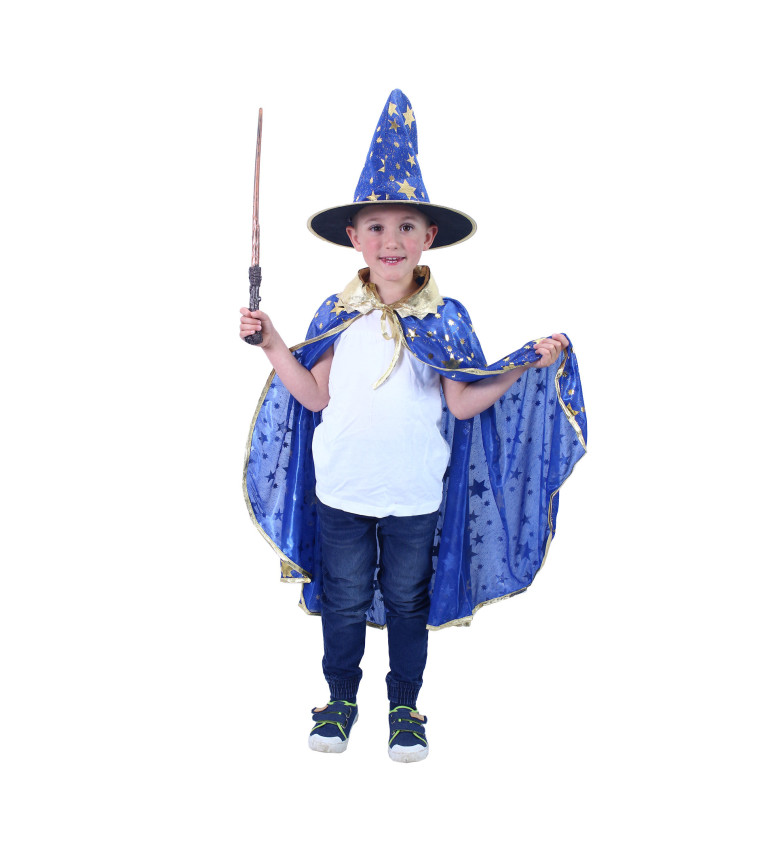 Dětský plášť a klobouk v modré barvě - čaroděj